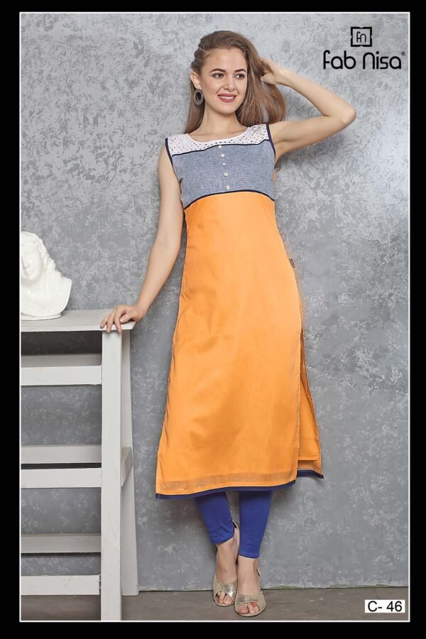 Orange Solid Printed Kurti