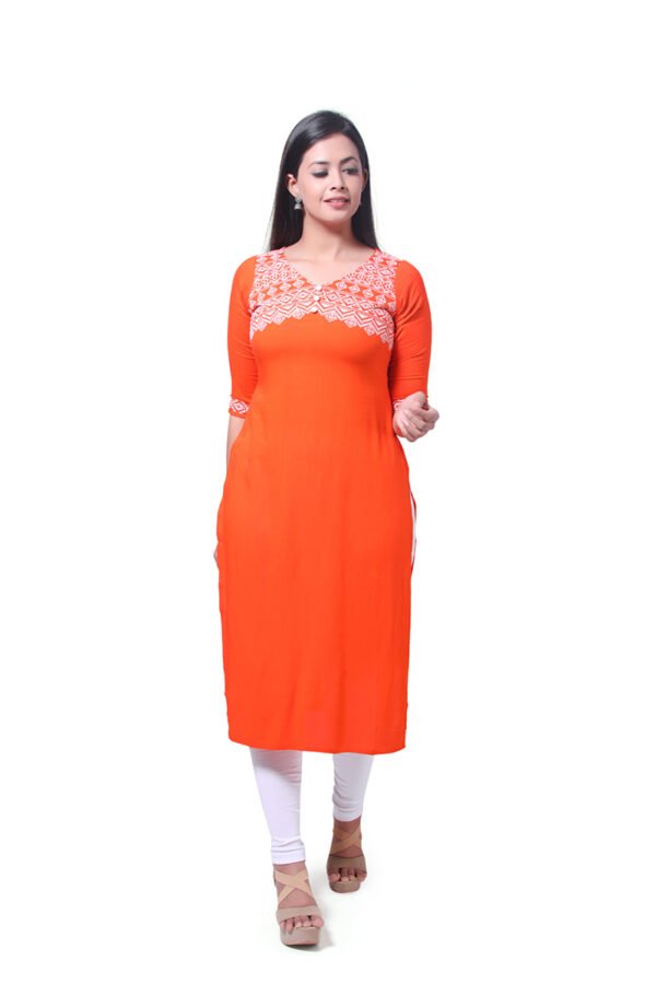 Orange Floral Solid Kurti
